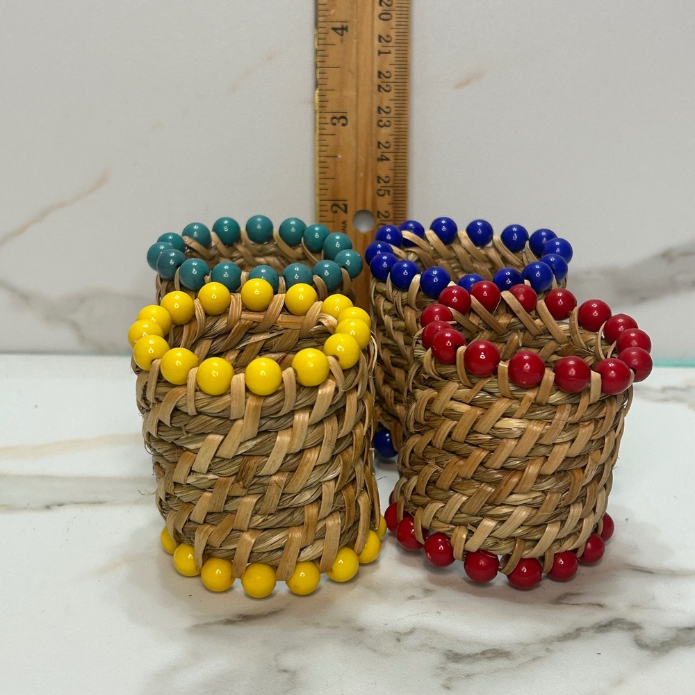 Vintage Woven Wicker Napkin Rings Set of 4 Colorful Beaded Seagrass Boho Decor
